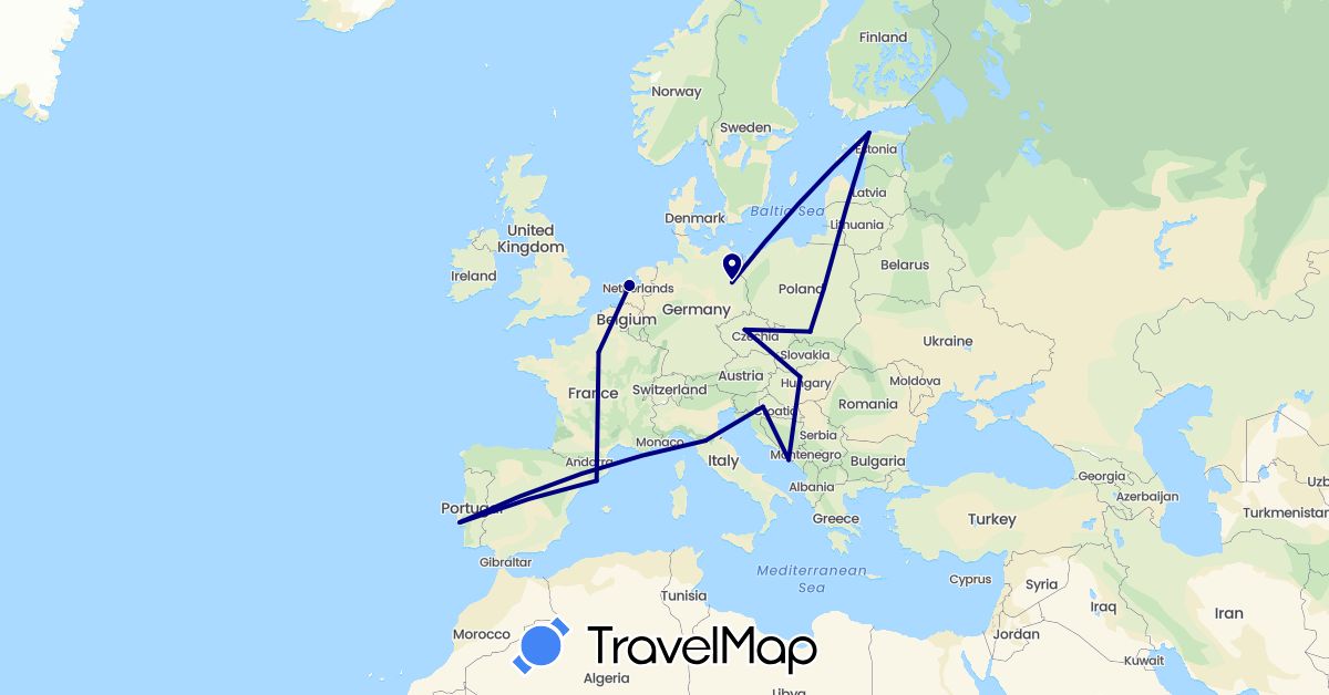 TravelMap itinerary: driving in Czech Republic, Germany, Estonia, Spain, France, Croatia, Hungary, Italy, Netherlands, Poland, Portugal (Europe)